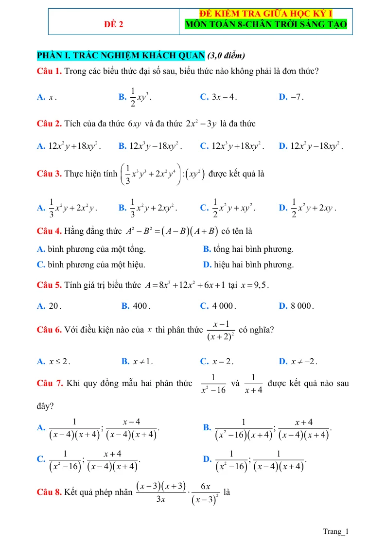 Đề Kiểm Tra Giữa HK 1 Toán 8 Giải Chi Tiết Đề 2