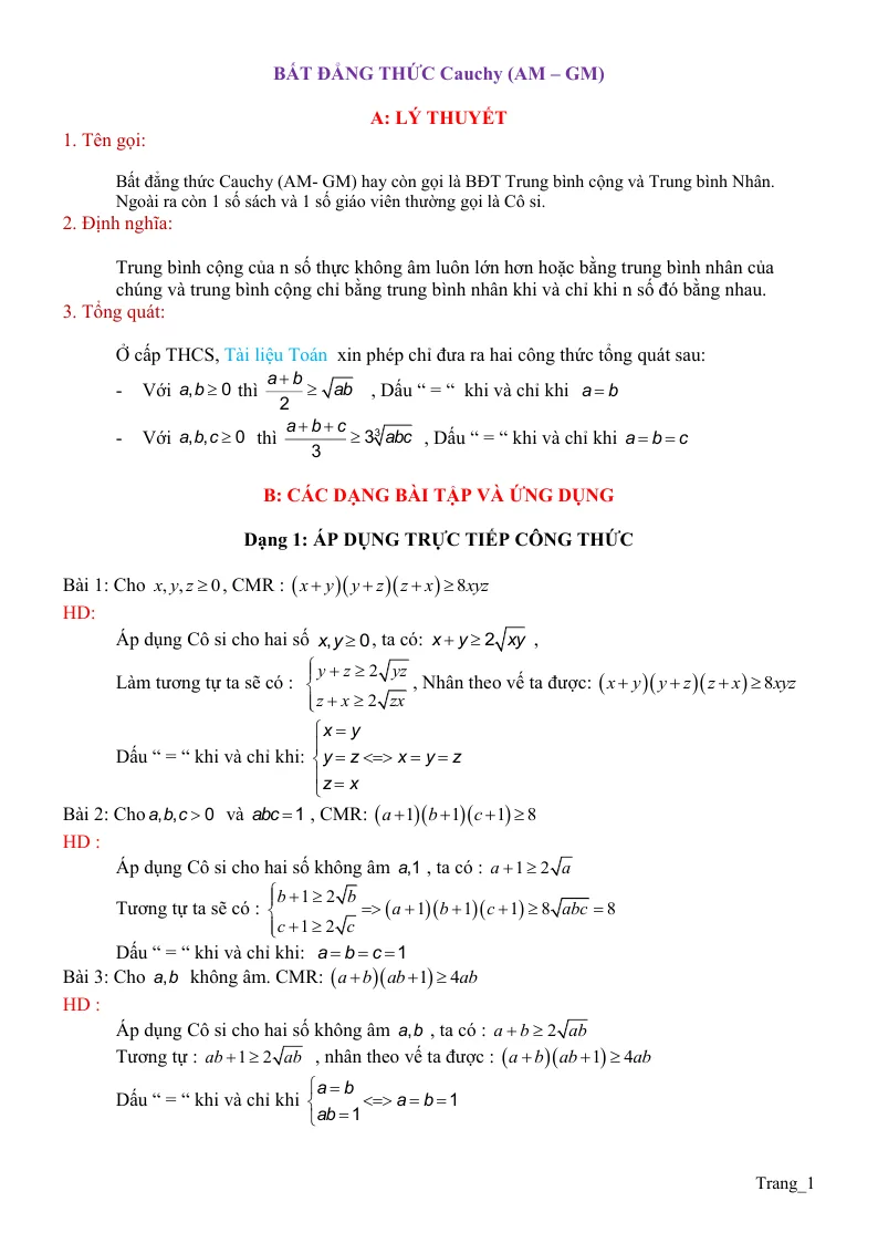 Chuyên Đề Bất Đẳng Thức Cauchy - Schawrz Bồi Dưỡng HSG Toán 8