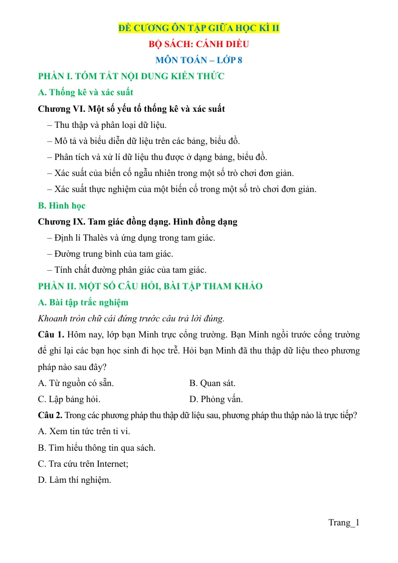 Đề Cương Ôn Thi Giữa Học Kỳ 2 Toán 8