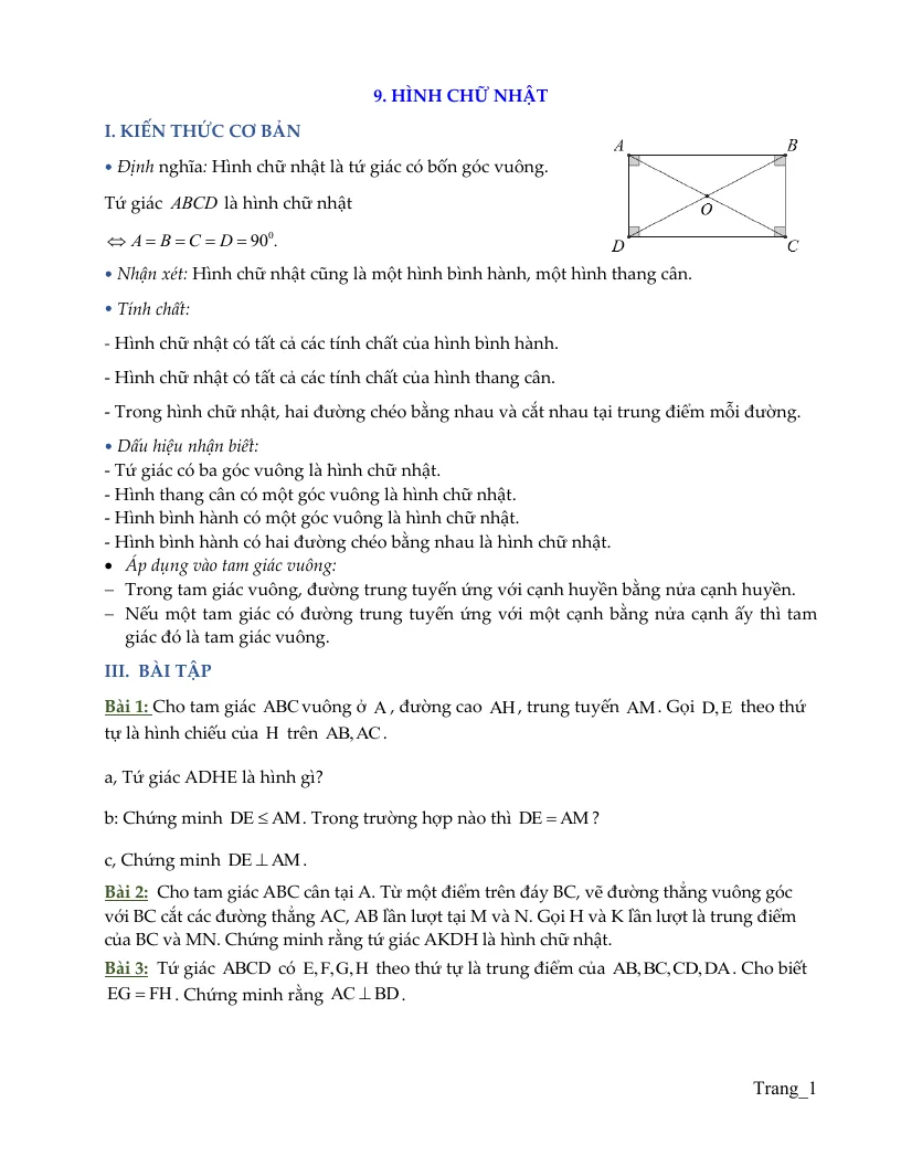 Bài Tập Hình 8 Bài Hình Chữ Nhật