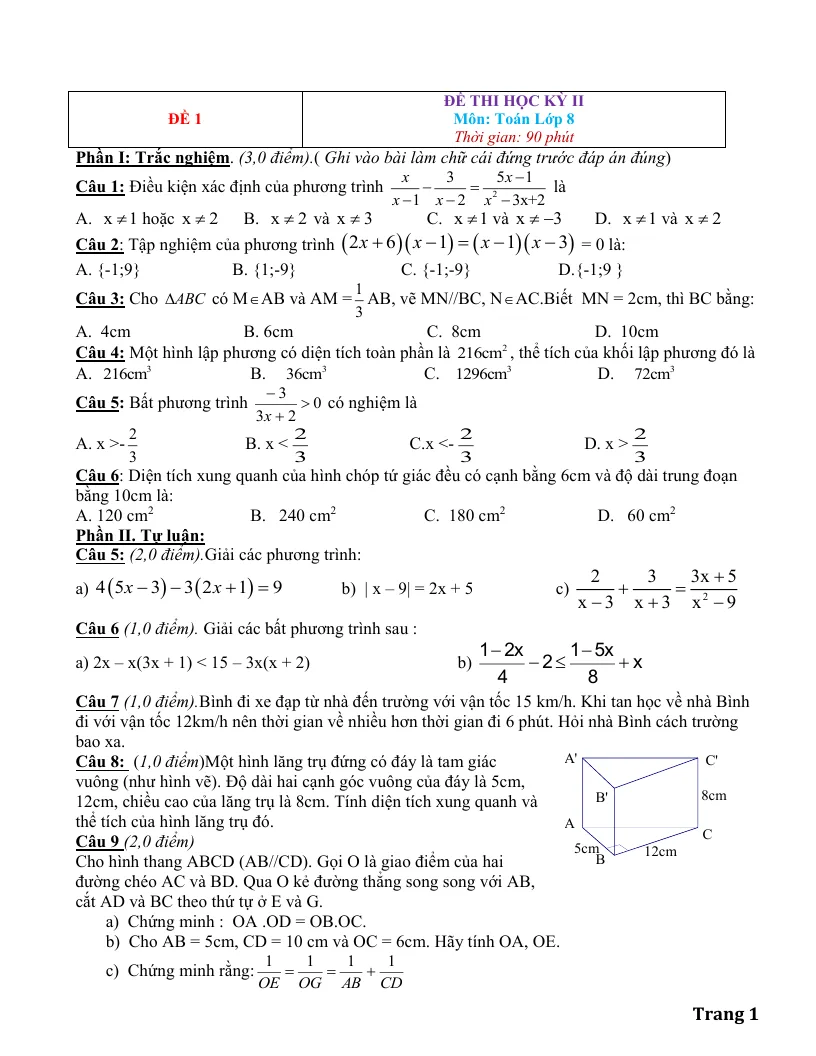 15 Đề Thi Học Kỳ 2 Toán Lớp 8