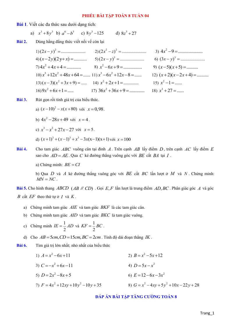 Bài Tập Toán 8 Tuần 4