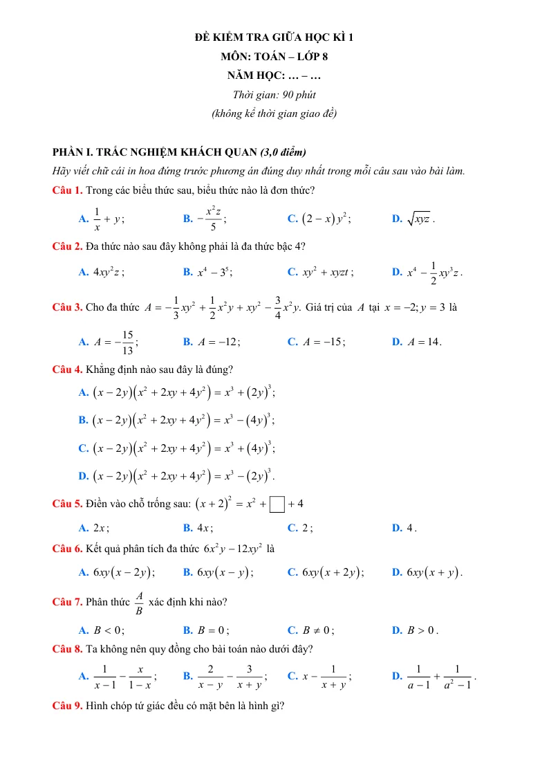 Đề Kiểm Tra Giữa Học Kỳ 1 Toán 8 Có Đáp Án - Đề 1