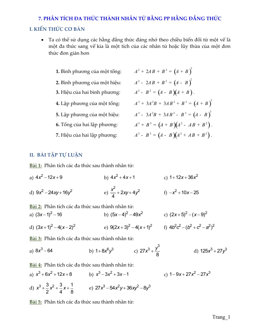Bài Tập Toán 8 Bài Phân Tích Đa Thức Thành Nhân Tử Bằng Hằng Đẳng Thức