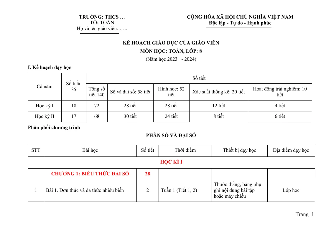 Phụ Lục 3 Toán 8 2023 - 2024