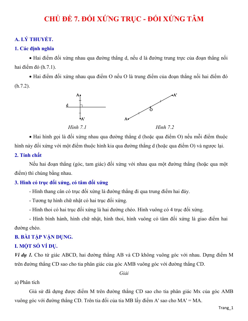 Giáo Án Dạy Thêm Hình 8 Chủ Đề Đối Xứng Trục Đối Xứng Tâm