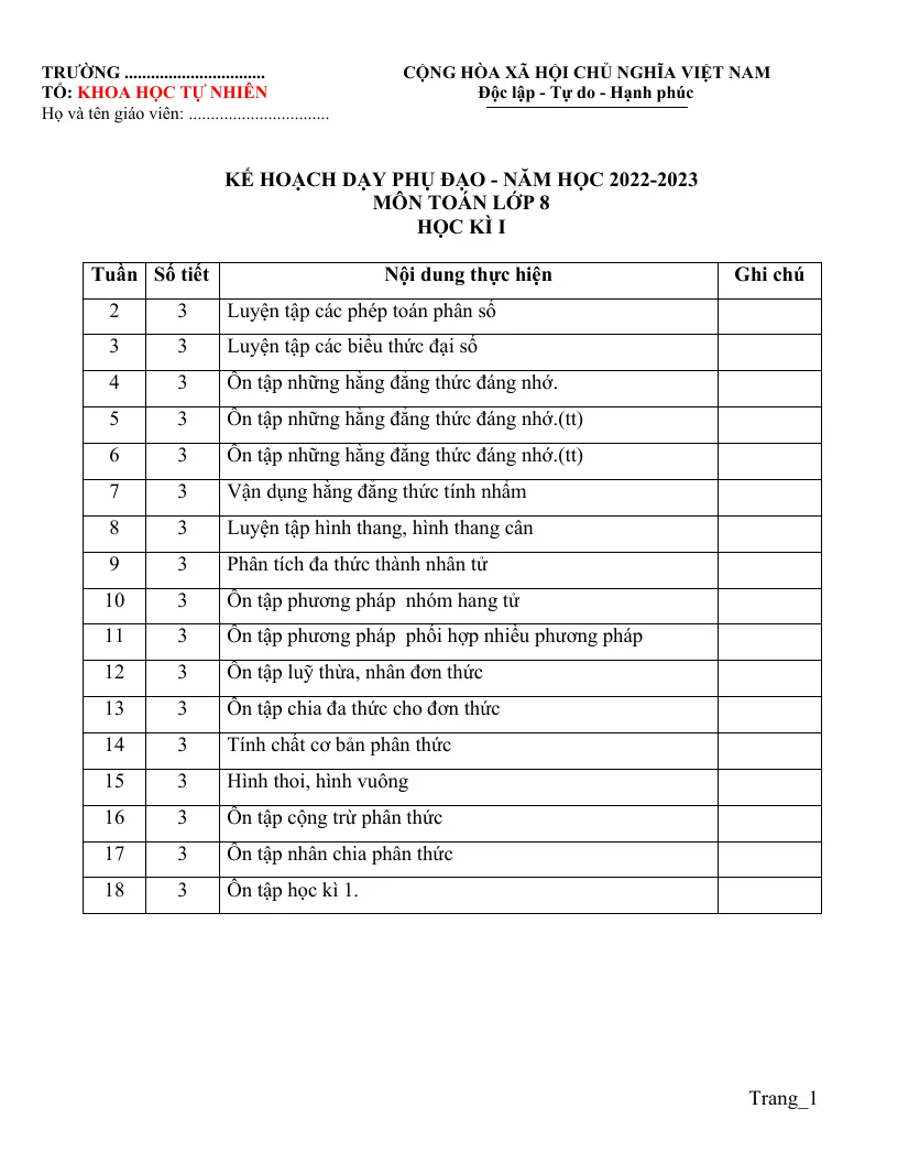 Kế Hoạch Phụ Đạo Toán 8 Năm Học 2022 - 2023