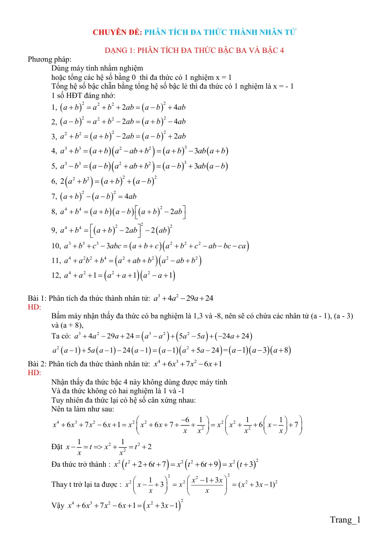 Chuyên Đề Phân Tích Đa Thức Thành Nhân Tử Bồi Dưỡng HSG Toán 8