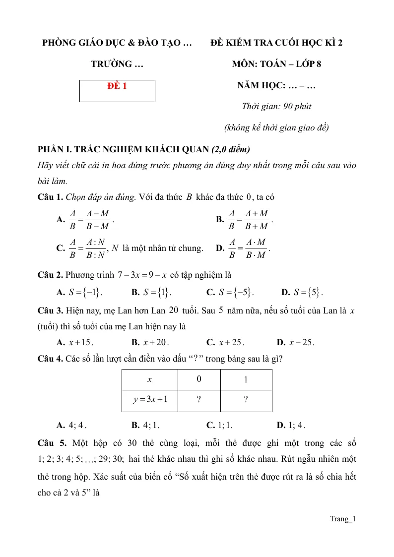 10 Đề Thi Học Kỳ 2 Toán 8
