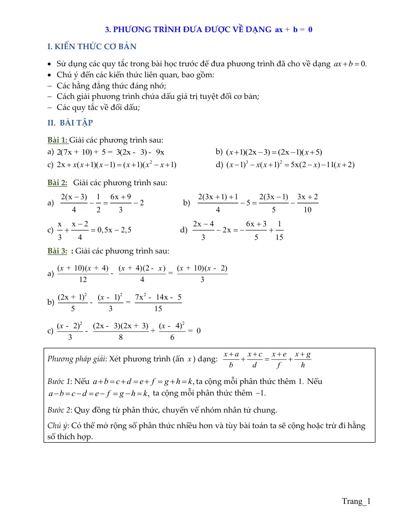 Bài Tập Toán 8 Bài Phương Trình Đưa Được Về Dạng ax+b=0