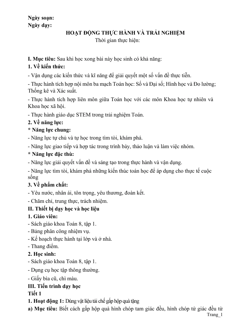 Giáo Án Hoạt Động Thực Hành Và Trải Nghiệm Toán 8 Cả Năm