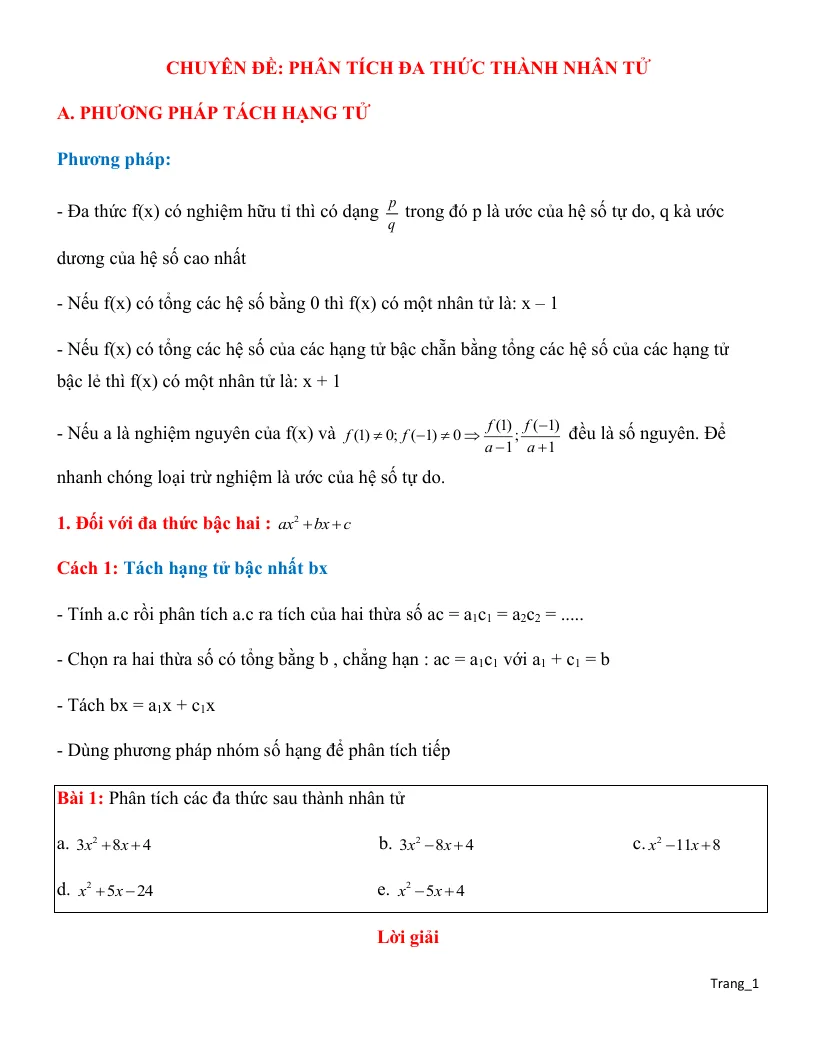 Chuyên Đề Phân Tích Đa Thức Thành Nhân Tử Bồi Dưỡng HSG Toán 8