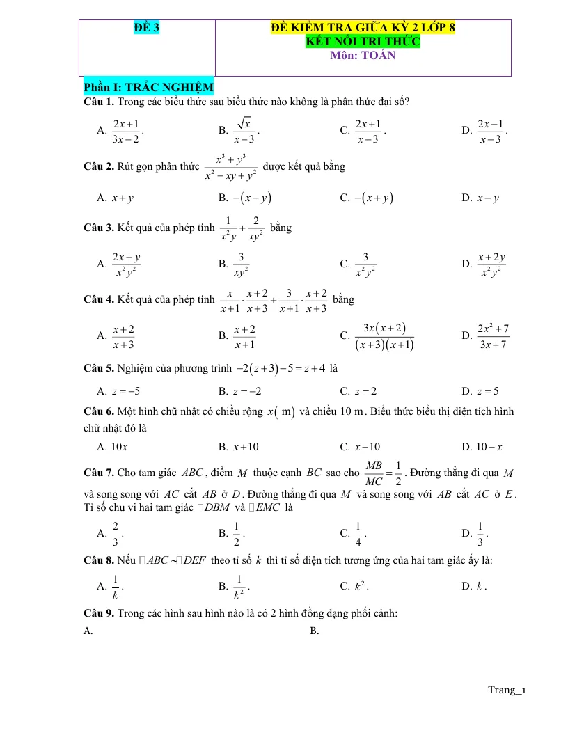 Đề Ôn Tập Giữa Học Kỳ 2 Toán 8 Giải Chi Tiết Đề 3