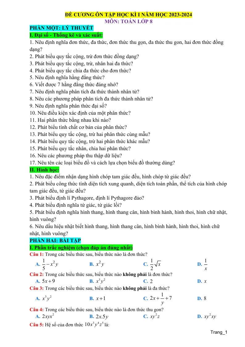 Đề Cương Ôn Tập Toán 8 Học Kỳ 1