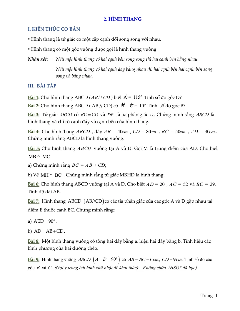 Bài Tập Hình 8 Bài Hình Thang