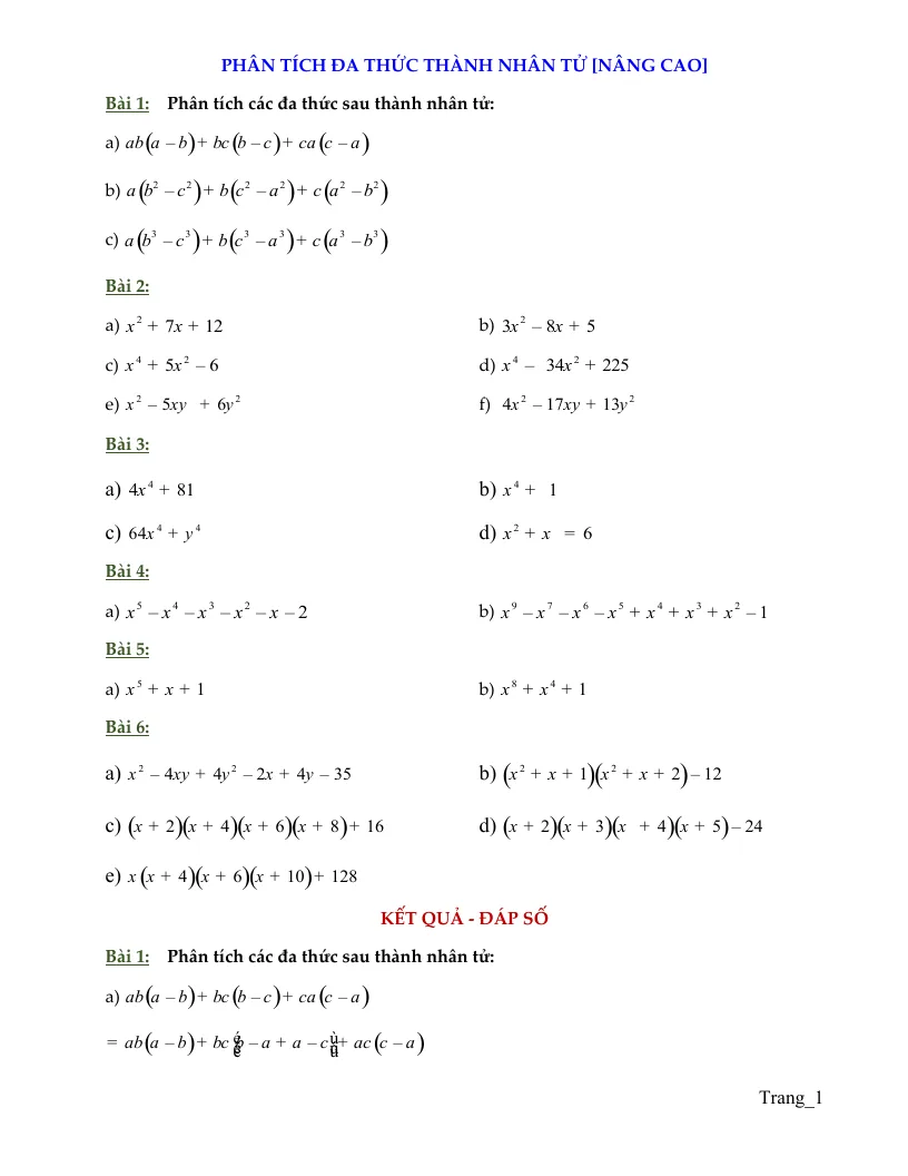 Bài Tập Toán 8 Phân Tích Đa Thức Thành Nhân Tử Nâng Cao