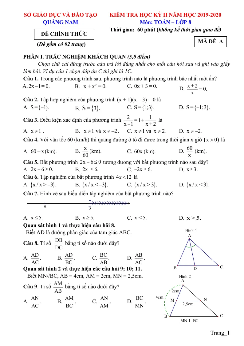 Đề Thi HK 2 Toán 8 Sở GD Quảng Nam 2019 - 2020