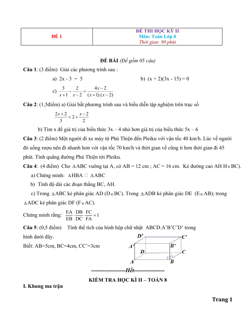 Tổng Hợp Các Đề Thi Học Kỳ II Toán 8 Có Ma Trận Và