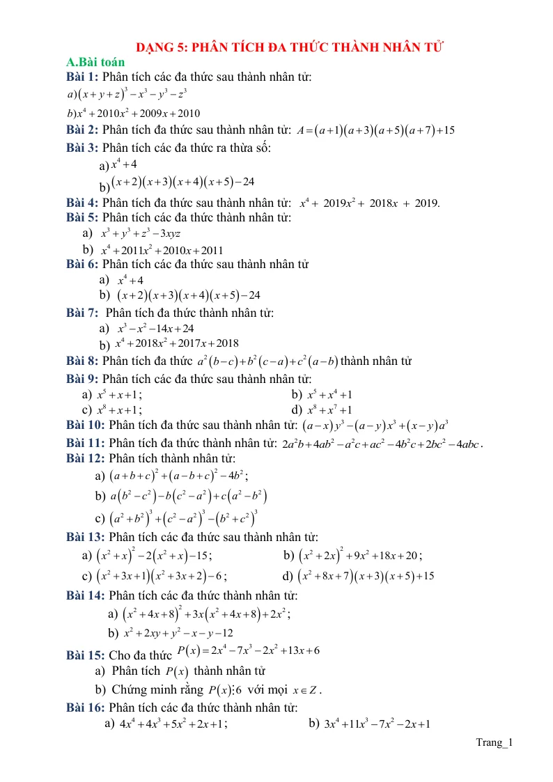 Phân Tích Đa Thức Thành Nhân Tử Ôn Thi HSG Đại Số 8