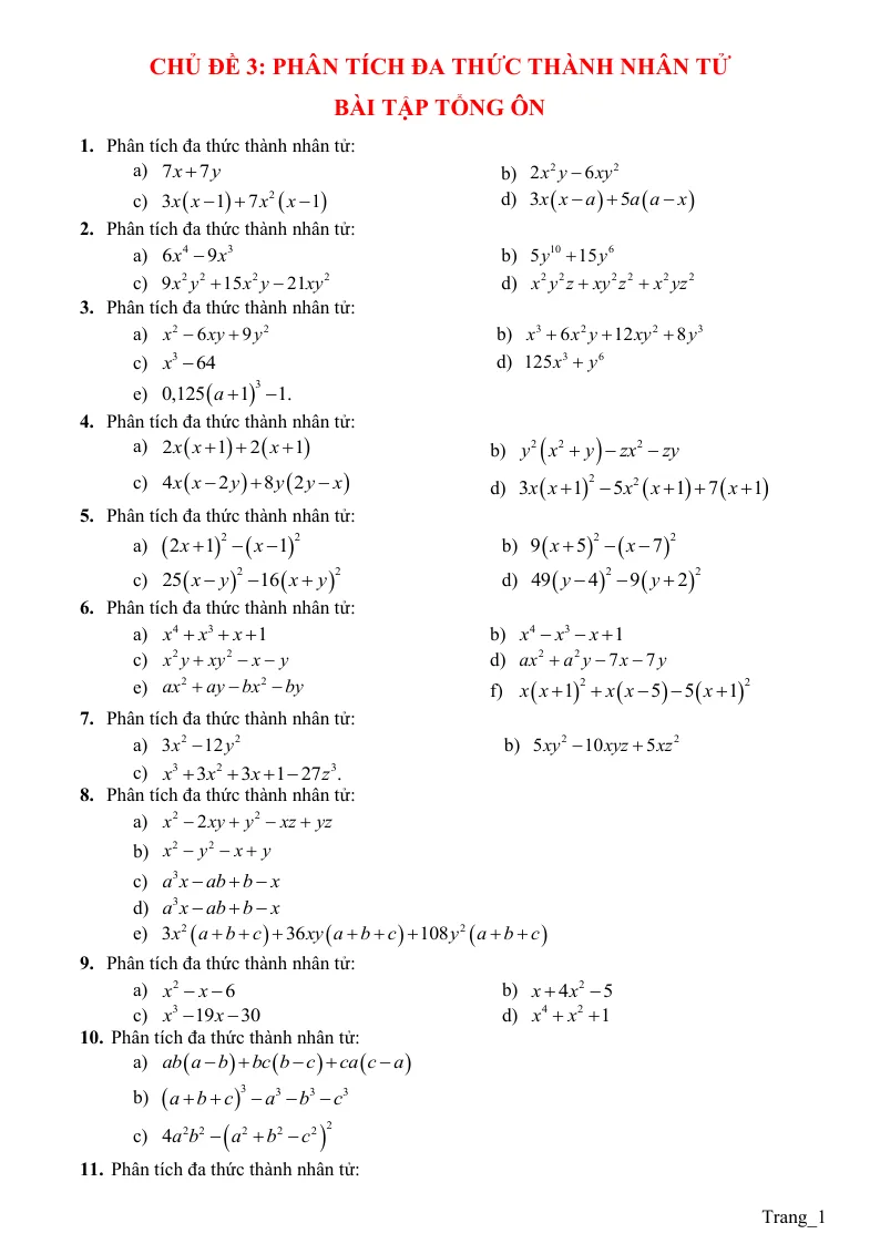Giáo Án Dạy Thêm Đại Số 8 Ôn Tập Phân Tích Đa Thức Thành Nhân Tử