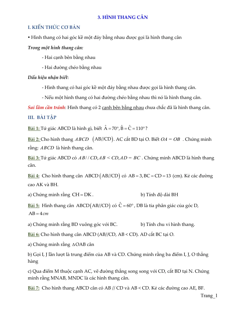 Bài Tập Hình 8 Bài Hình Thang Cân