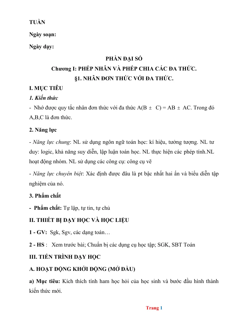 Giáo Án Toán 8 Theo Công Văn 5512 Học Kỳ 1 Rất Hay