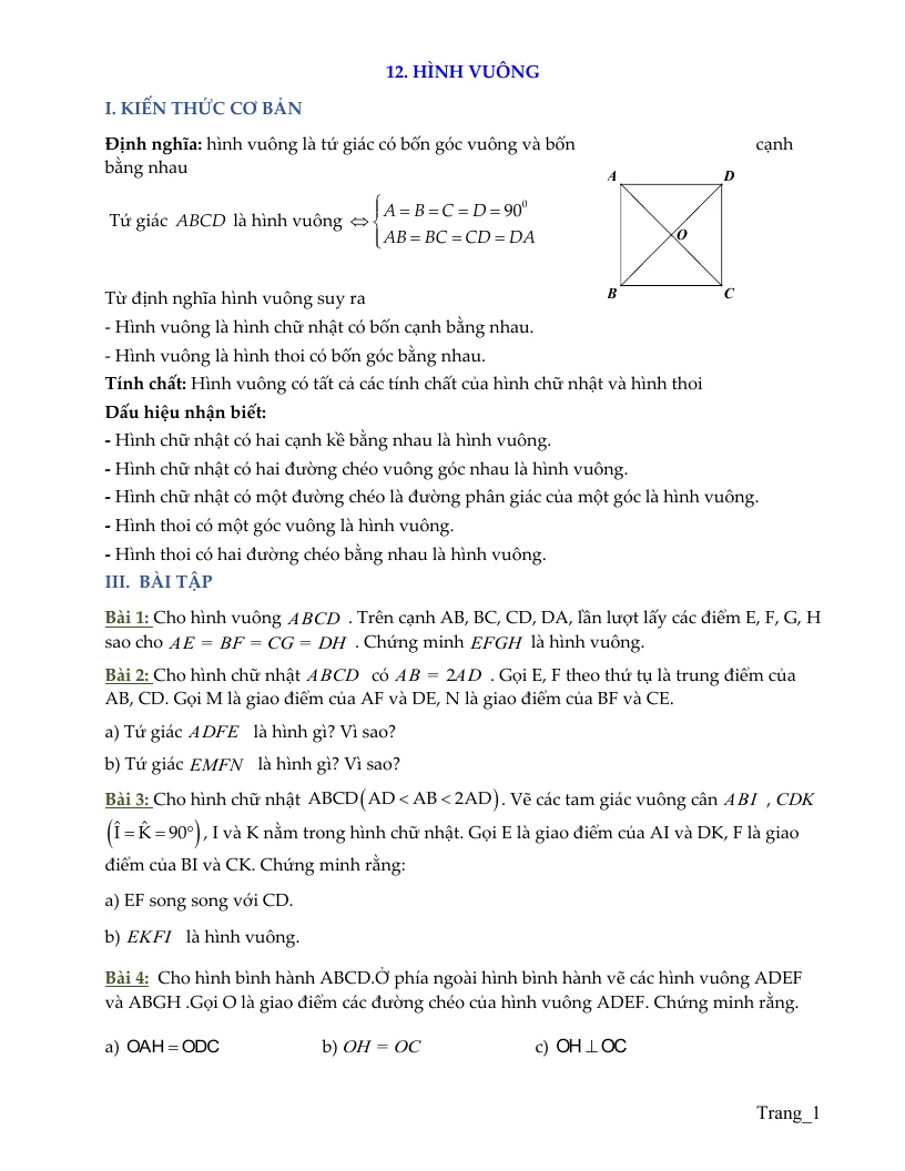 Bài Tập Hình 8 Bài Hình Vuông
