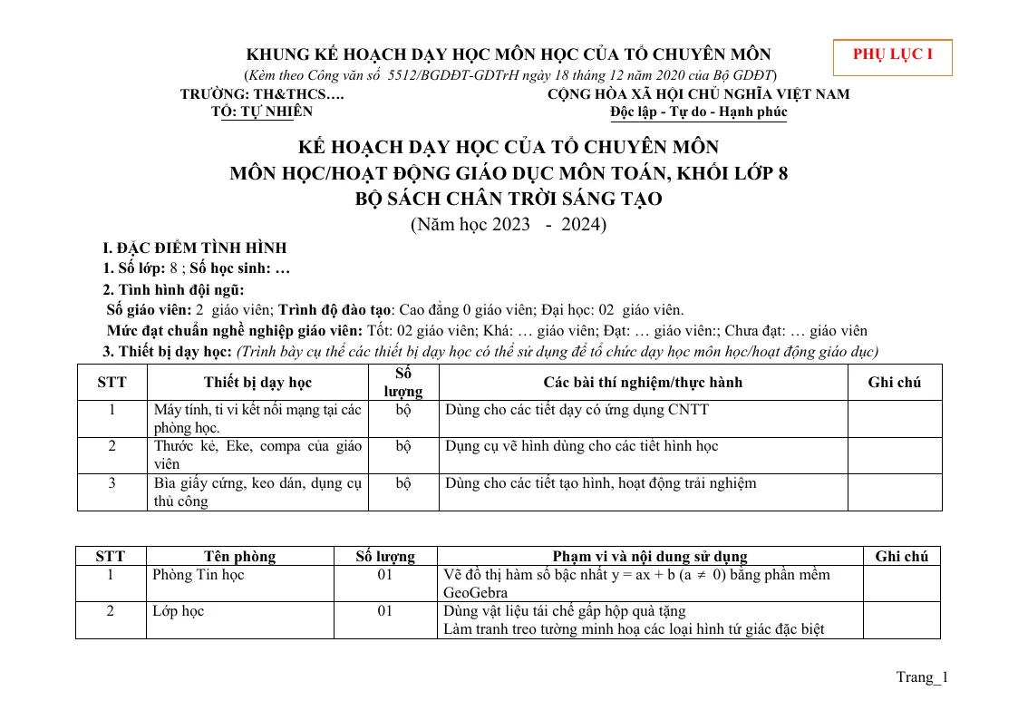 Phụ Lục 1 Toán 8 2023 - 2024
