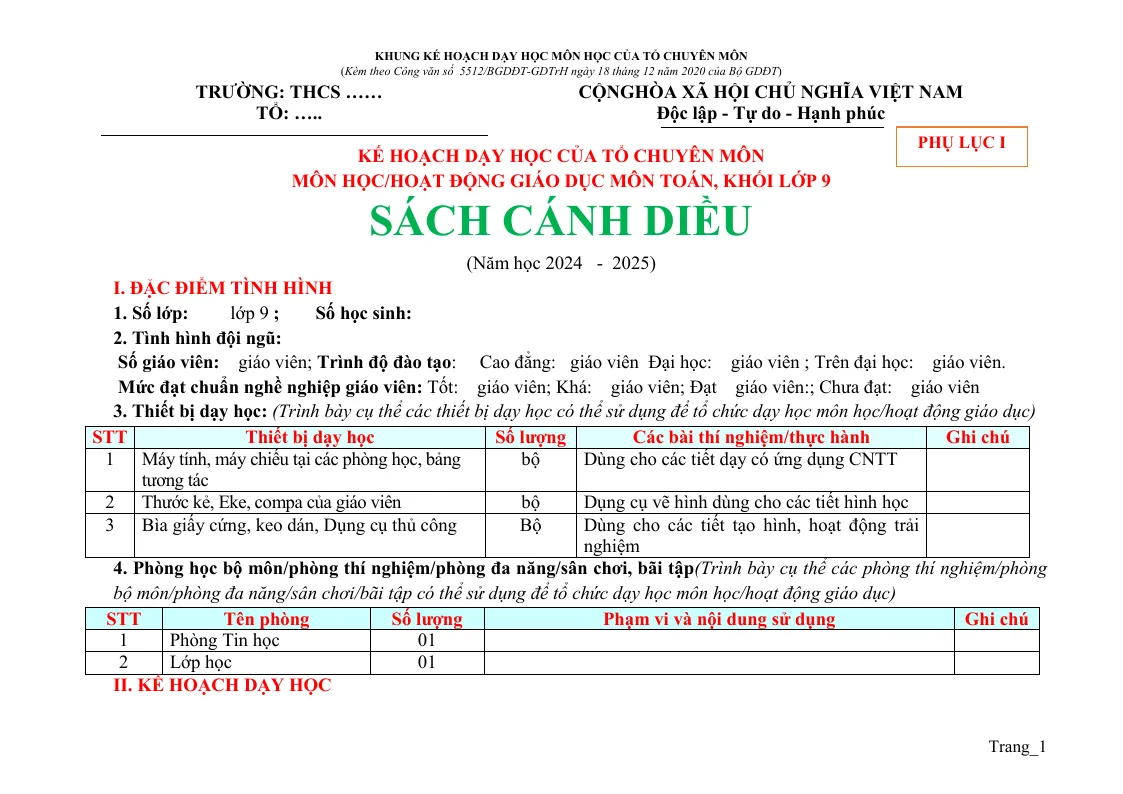 Kế Hoạch Dạy Học Toán 9 Cả Năm