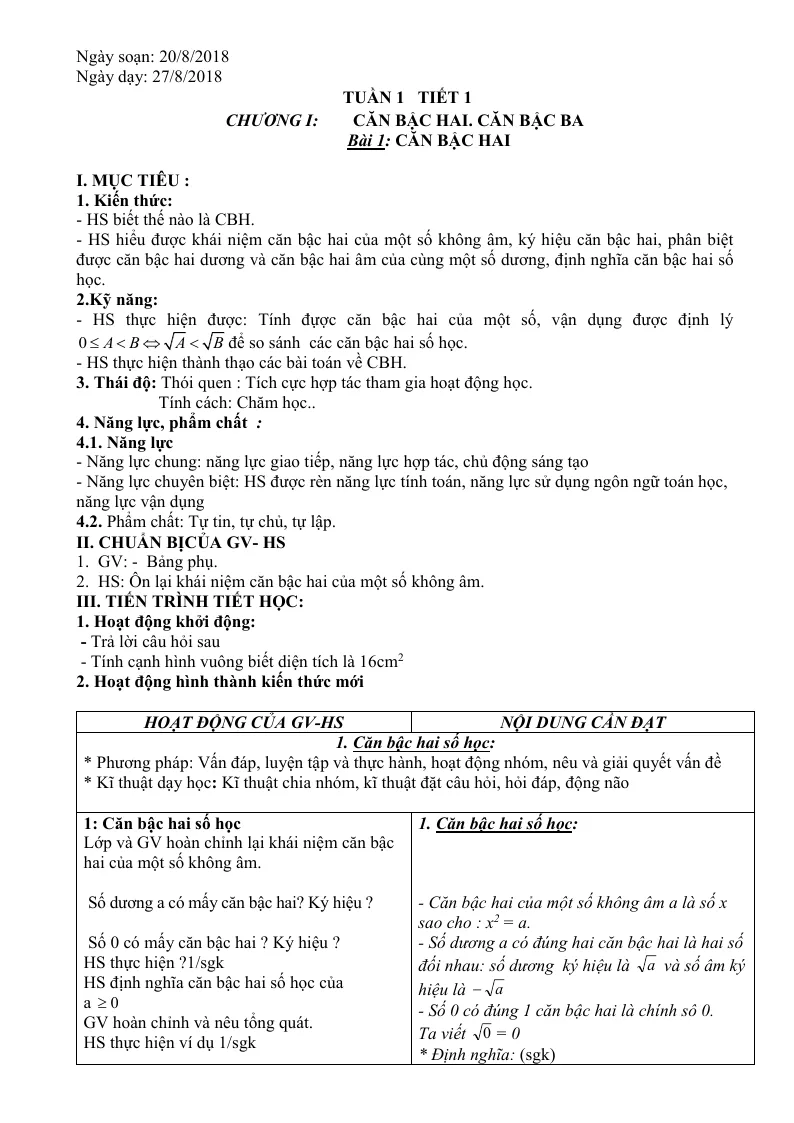 Giáo Án Đại Số 9 Học Kỳ 1 Theo Phương Pháp Mới