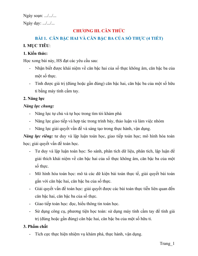 Giáo Án Toán 9 Chương 3 Căn Bậc Hai Và Căn Bậc Ba Của Số Thực