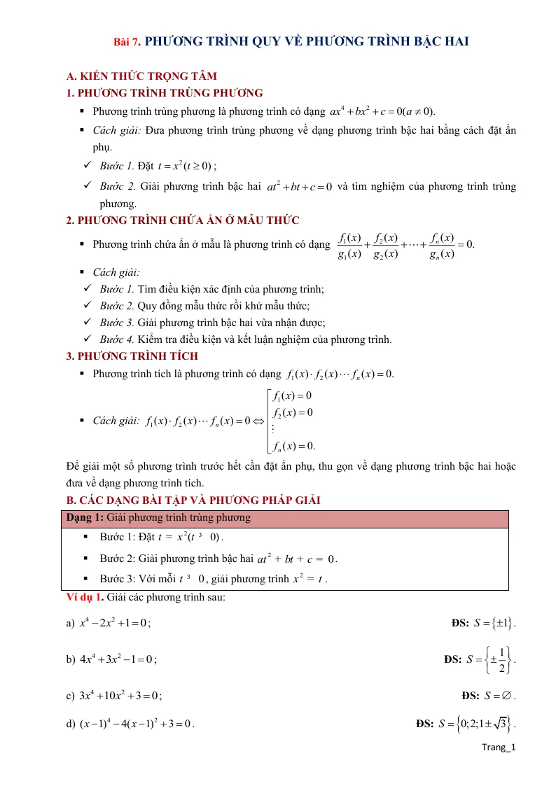 Phương Pháp Giải Toán 9 Phương Trình Quy Về Phương Trình Bậc Hai
