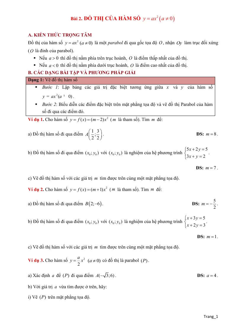 Phương Pháp Giải Toán 9 Đồ Thị Hàm Số $y = a{x^2}$