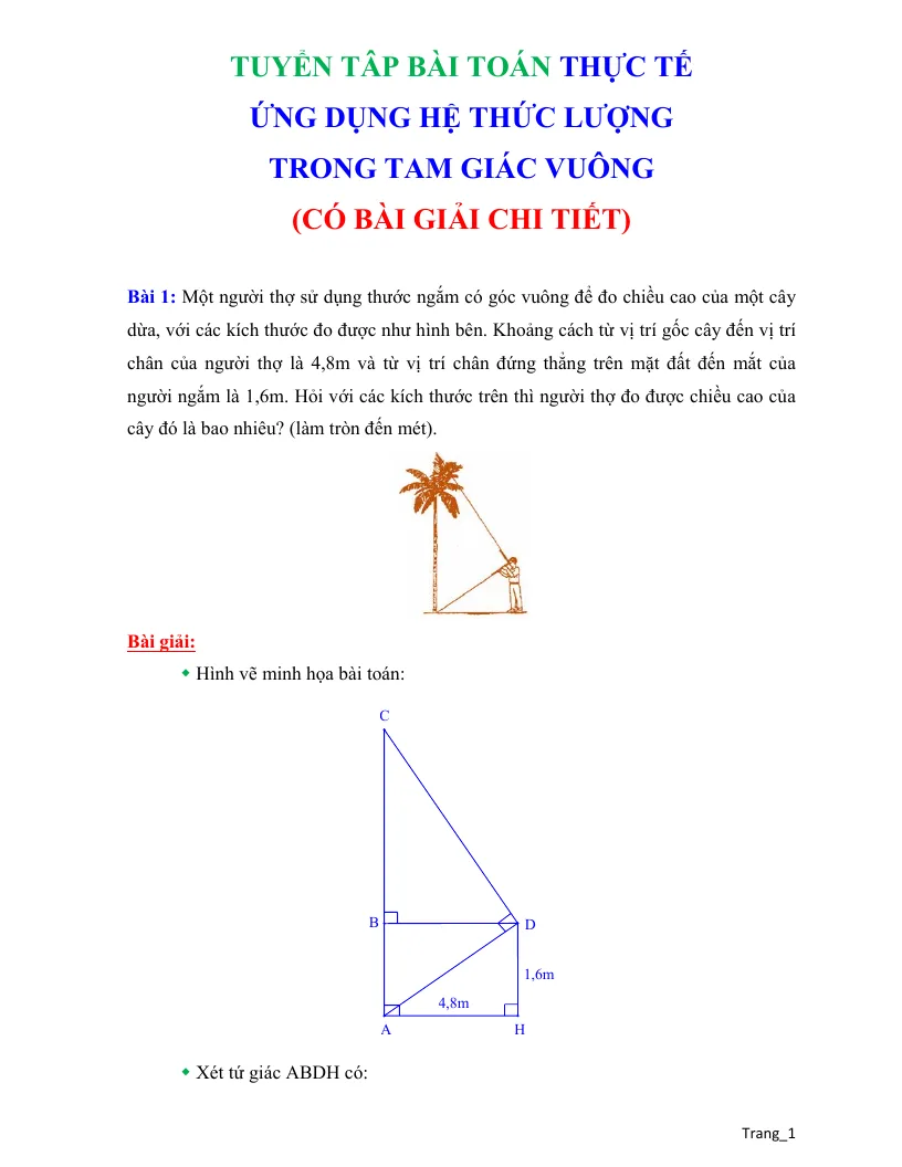 Các Bài Toán Thực Tế Ứng Dụng Hệ Thức Lượng Trong Tam Giác Vuông