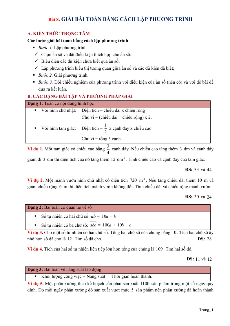 Phương Pháp Giải Toán 9 Giải Bài Toán Bằng Cách Lập Phương Trình