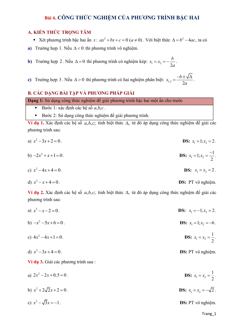 Phương Pháp Giải Toán 9 Công Thức Nghiệm Của Phương Trình Bậc Hai