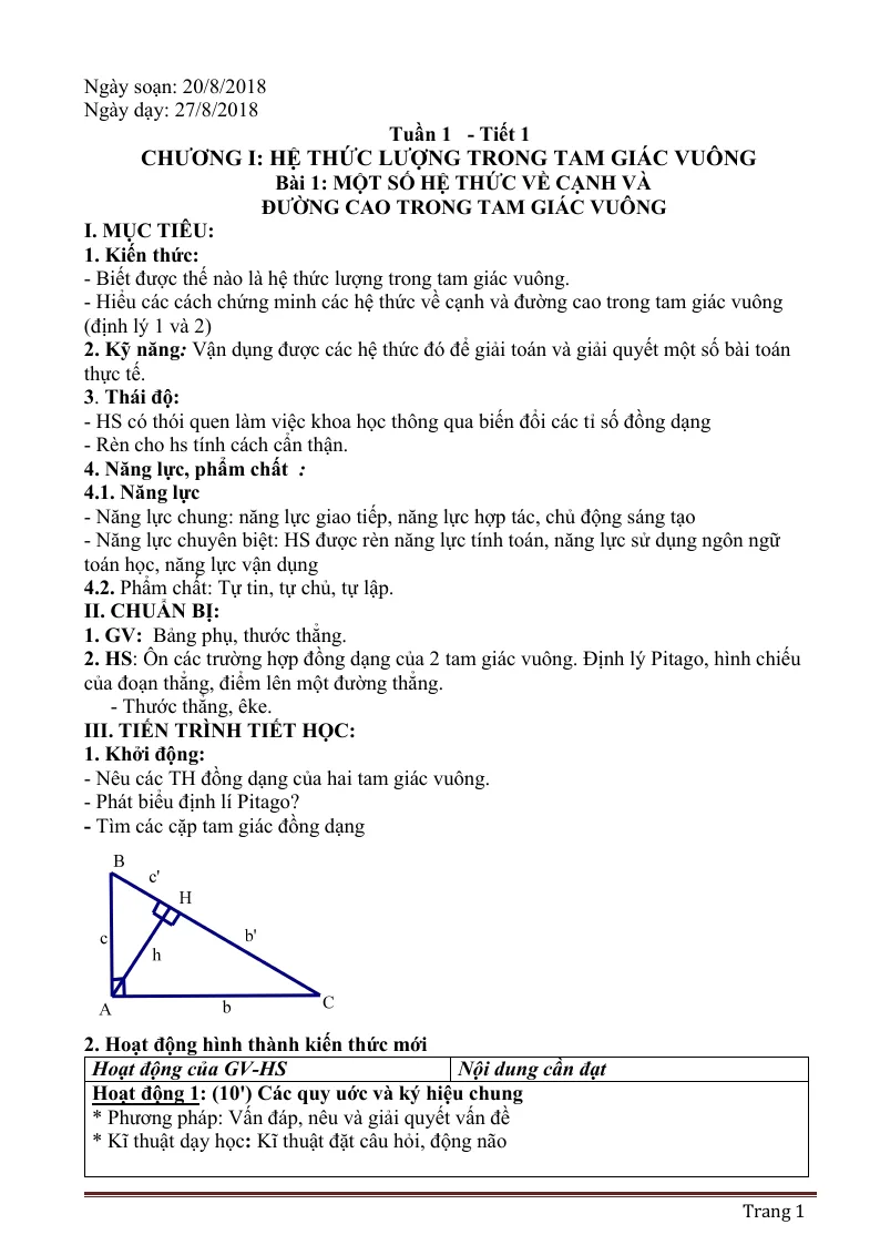 Giáo Án Hình Học 9 Học Kỳ 1 Theo Phương Pháp Mới