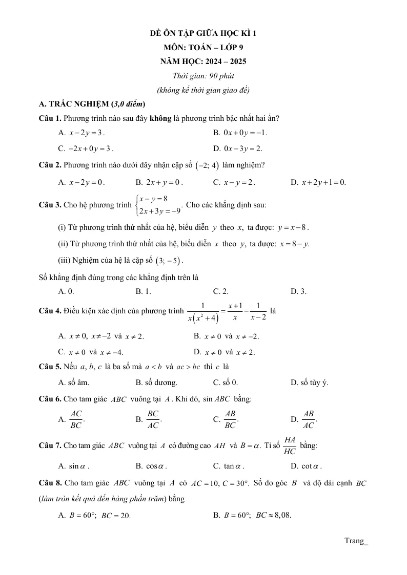 Đề Ôn Tập Giữa Học Kỳ 1 Toán 9