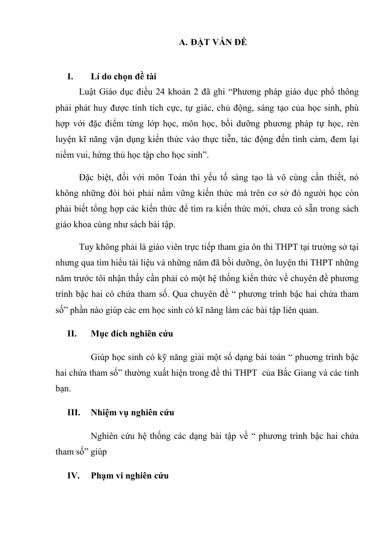 SKKN Phương Trình Bậc Hai Có Chứa Tham Số