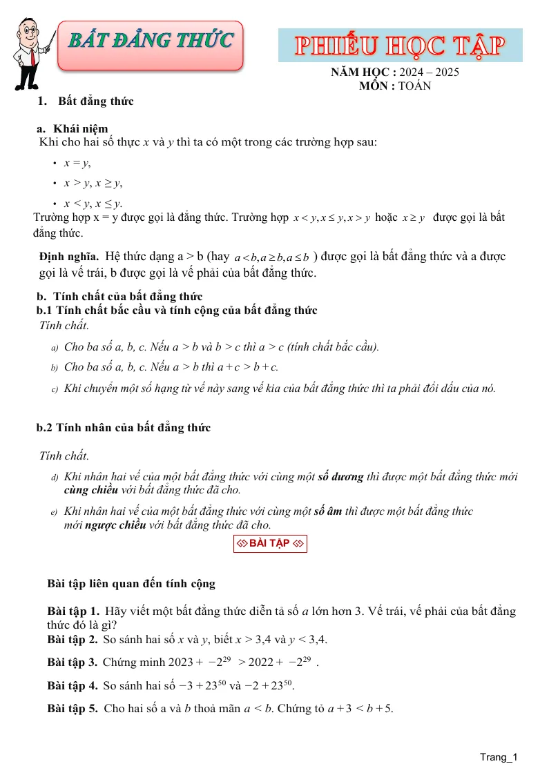 Phiếu Bài Tập Toán 9 Bài Bất Đẳng Thức