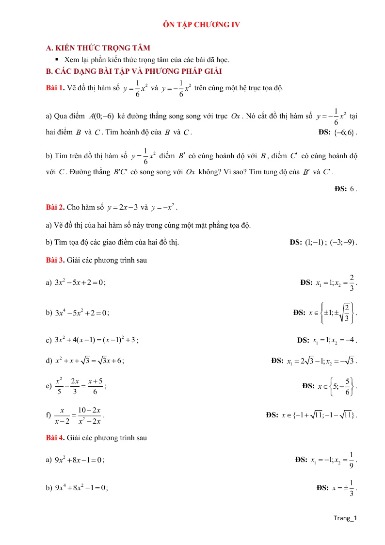 Phương Pháp Giải Toán 9 Ôn Chương Hàm Số $y = a{x^2}$ - Phương Trình Bậc Hai Một Ẩn