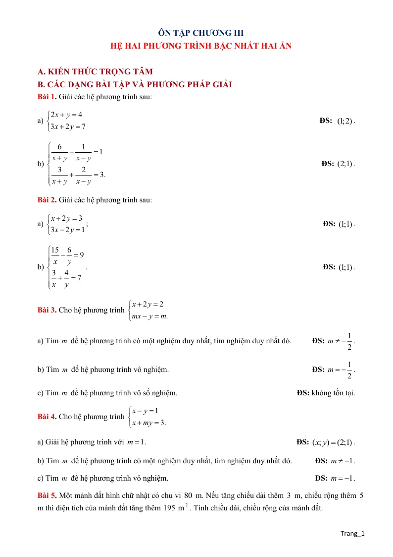 Phương Pháp Giải Toán 9 Ôn Chương Hệ Hai Phương Trình Bậc Nhất Hai Ẩn