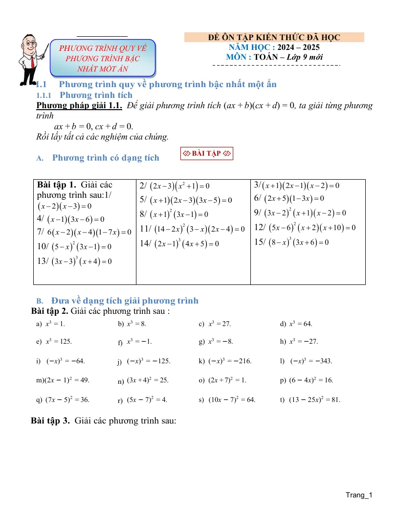 Phiếu Bài Tập Toán 9 Bài Phương Trình Quy Về Phương Trình Bậc Nhất Một Ẩn