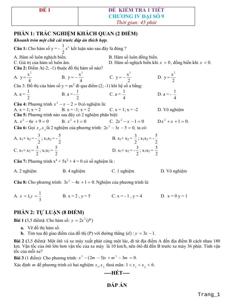 Bộ Đề Kiểm Tra 1 Tiết Chương 4: Hàm Số $y = a{x^2}$