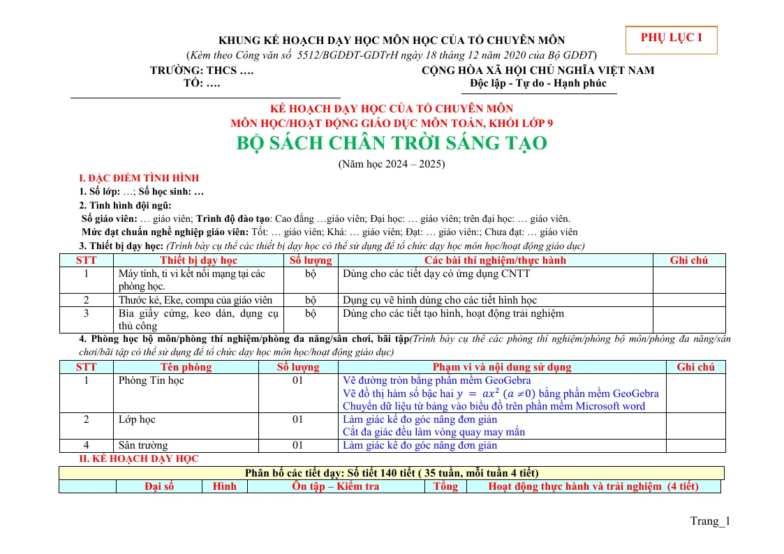 Kế Hoạch Dạy Học Toán 9 2024 - 2025