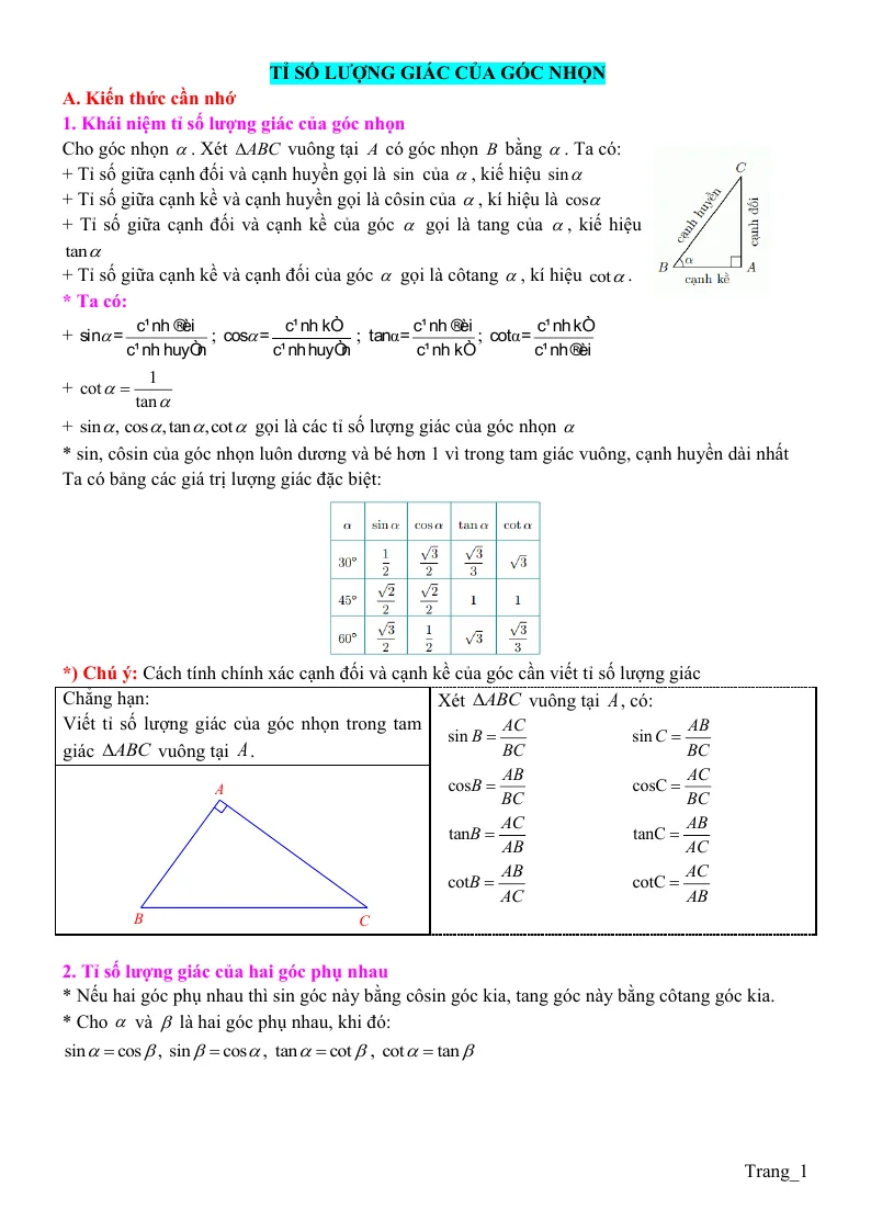 Các Dạng Toán 9 Bài 11 Tỉ Số Lượng Giác Của Góc Nhọn