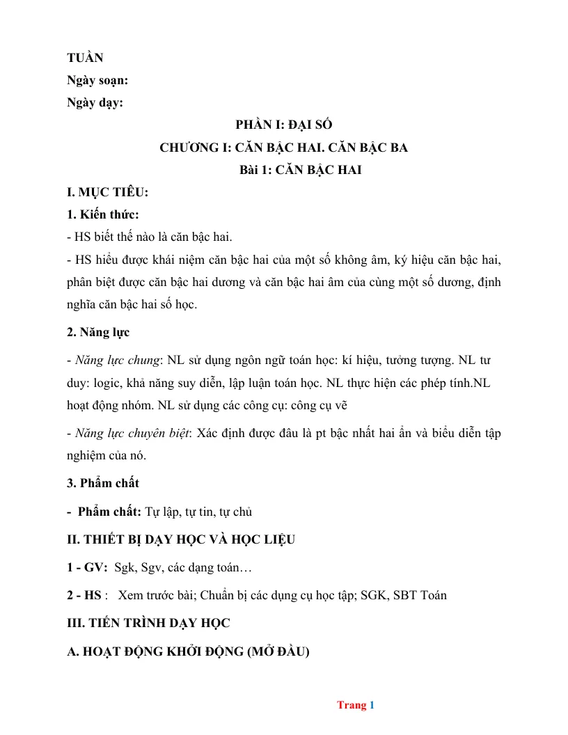 Giáo Án Toán 9 Theo Công Văn 5512 Học Kỳ 1 Rất Hay