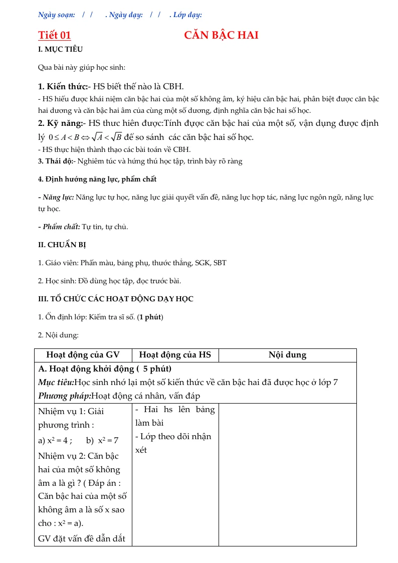 Giáo Án Đại Số 9 Học Kỳ 1 Phương Pháp Mới