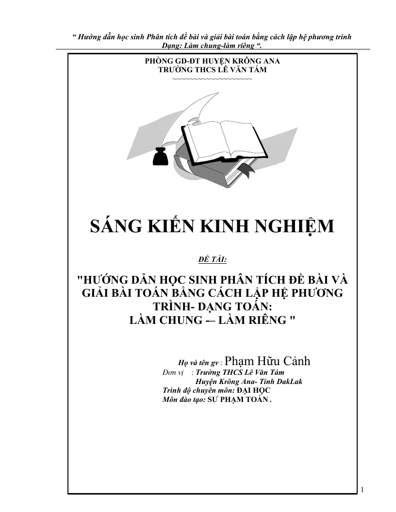 Sáng kiến kinh nghiệm hướng dẫn học sinh phân tích đề bài và giải bài toán bằng cách lập hệ phương trình