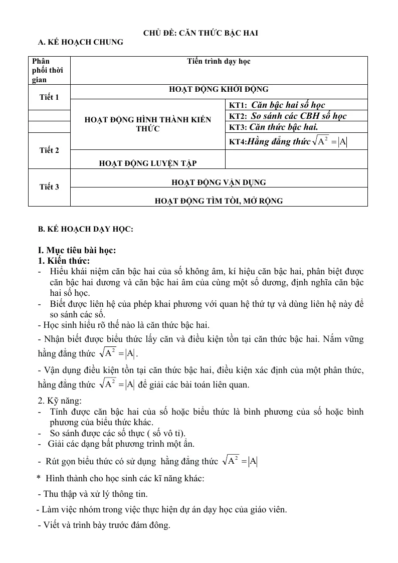 Giáo Án Đại Số 9 HK 1 Gồm 5 Bước Hoạt Động Theo Phương Pháp Mới